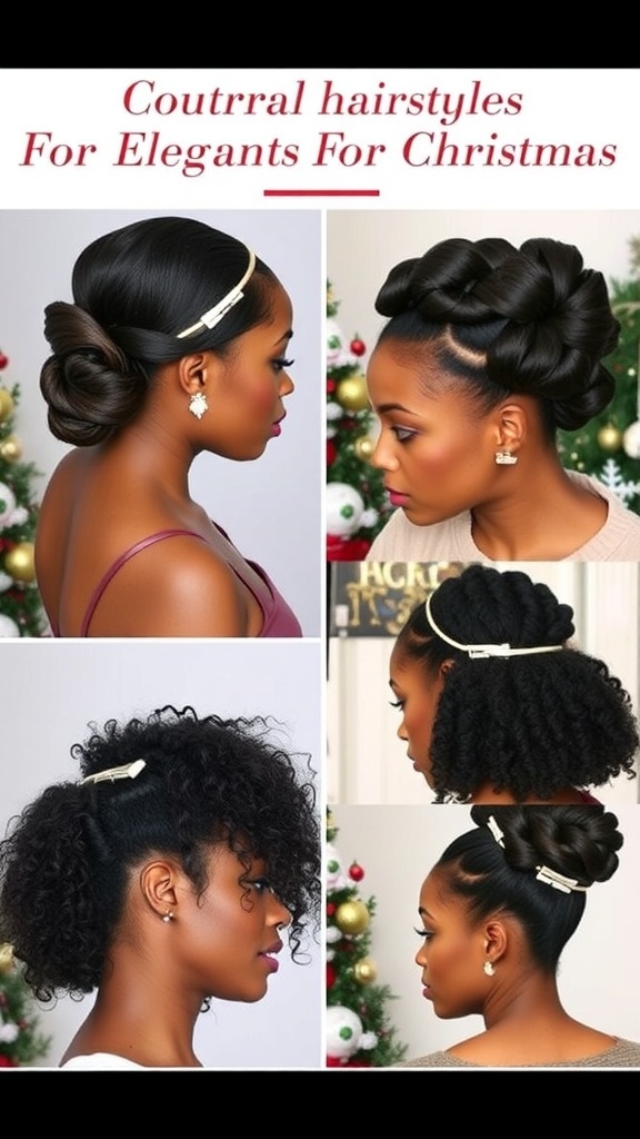 A collection of beautiful natural hairstyles for Christmas, showcasing various styles with festive accessories.